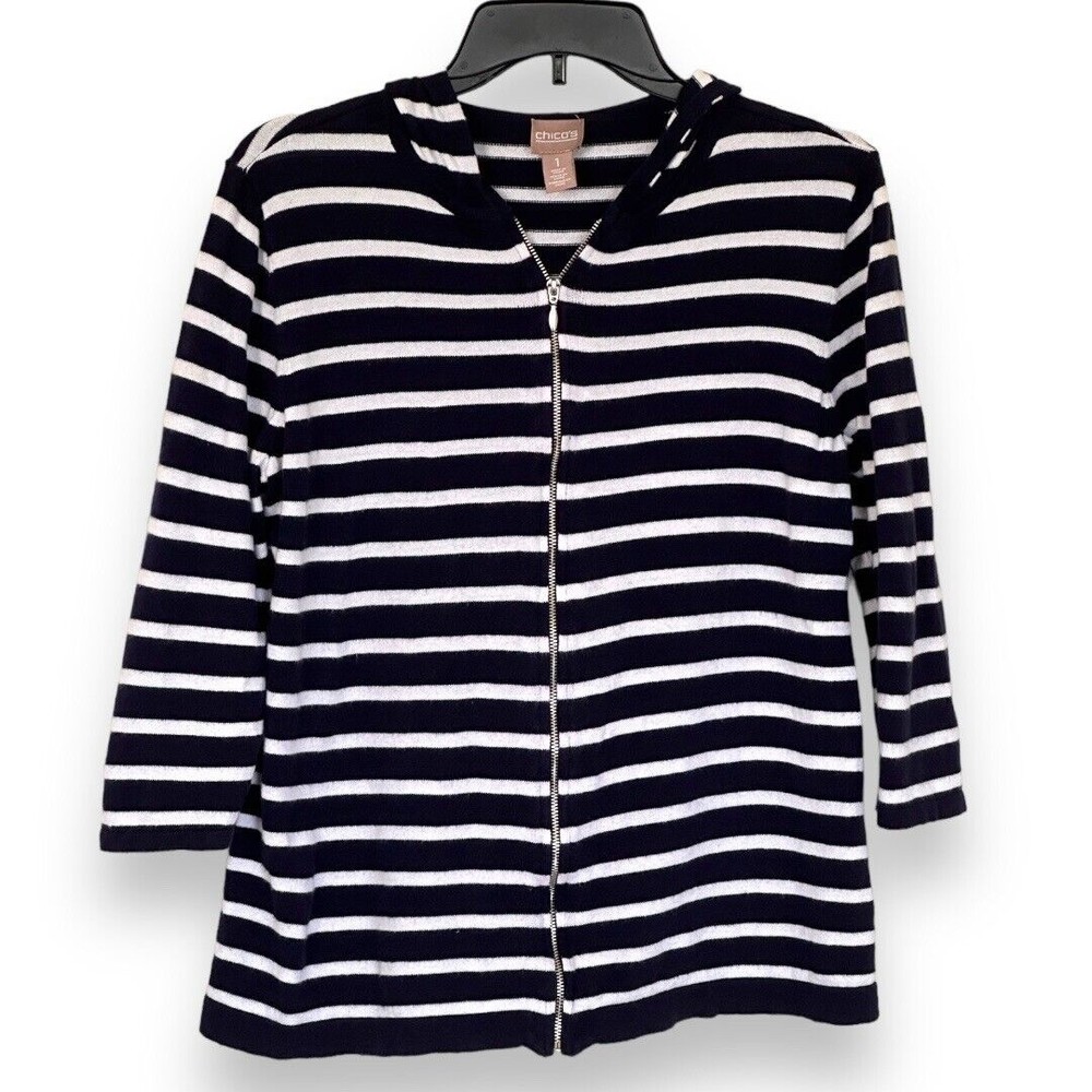 Chico’s Navy Nautical Stripe 3/4 Sleeve Lightweight Beach Zip Up Hoodie Medium
